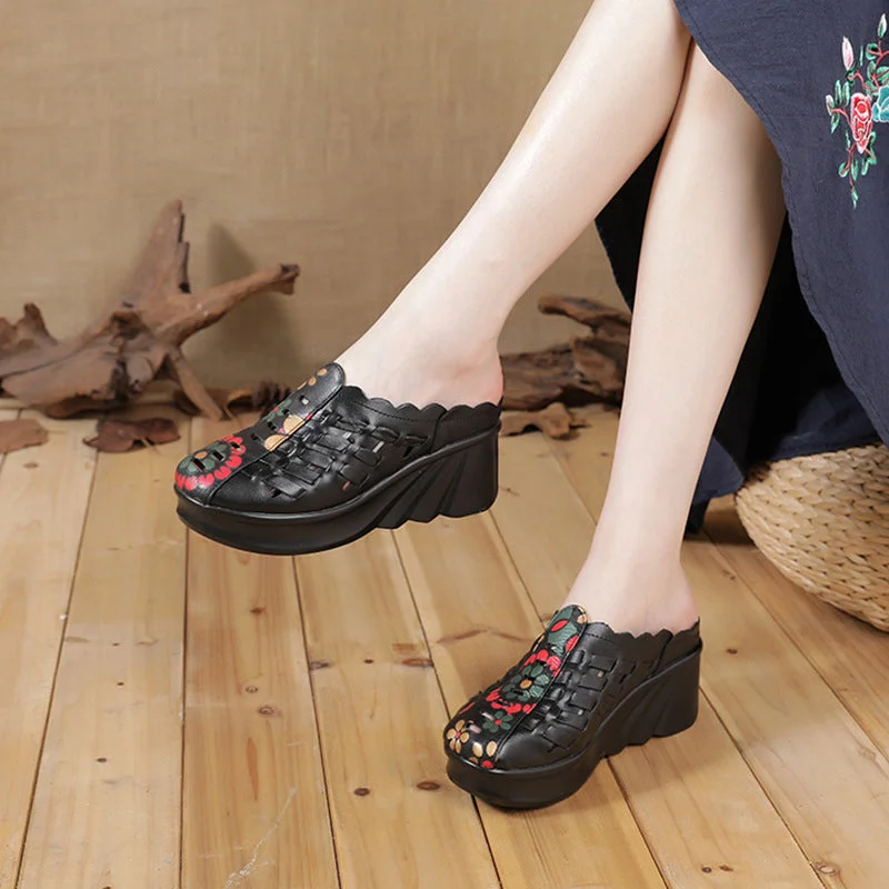 Ethnic Style Floral Woven Hollow Wedge Slippers