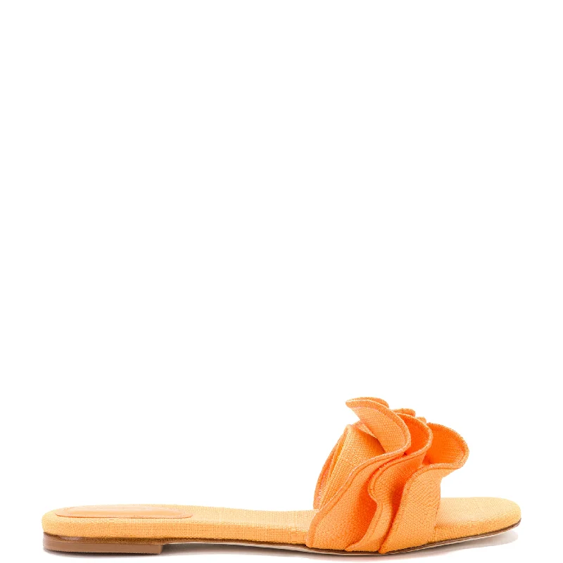 Ivy Ruffle Flat Mule In Mango Raffia