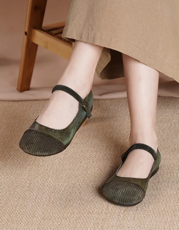 Soft-soled Handmade Retro Strap Flats Green