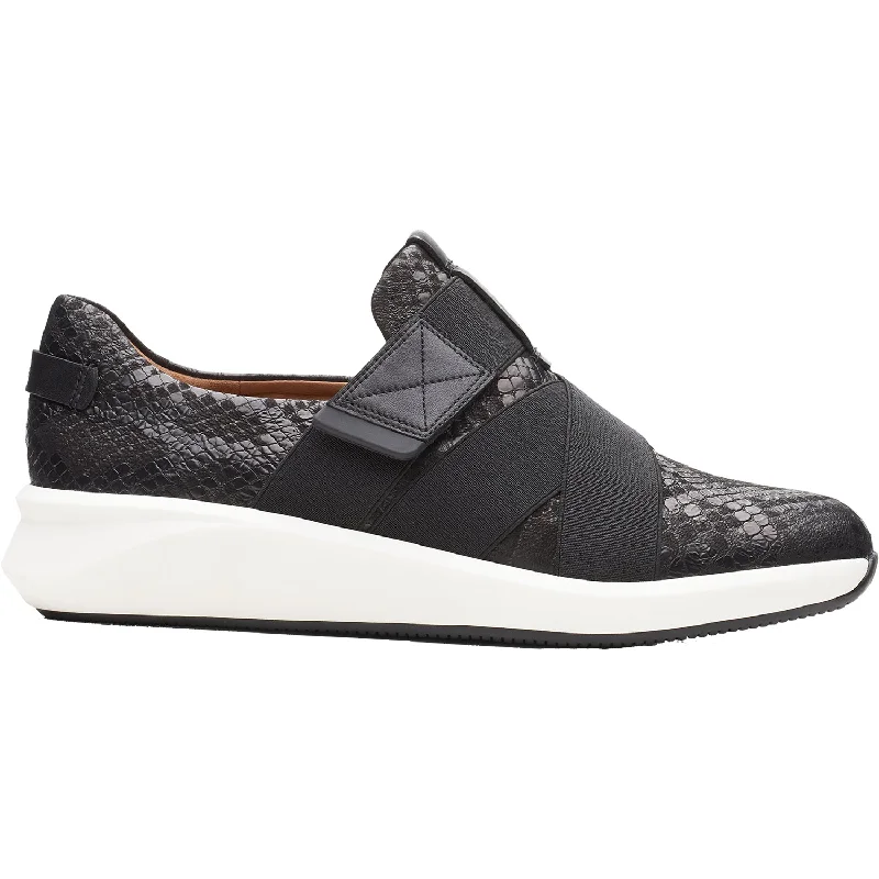 Women's Clarks Un Rio Strap Black Snake Leather